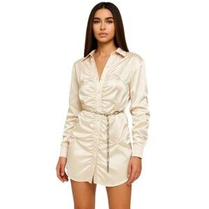 MANIERE DE VOIR Dress Womens Size 6 Ruched Satin Vegan Leather Quiet Luxury NWT